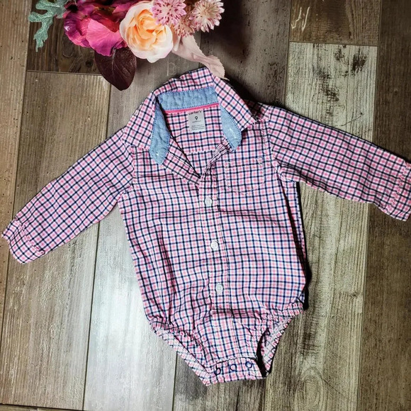Carter's Baby Boy Size 9m Pink and Blue Plaid 100% Cotton Button Down Shirt - Picture 13 of 13
